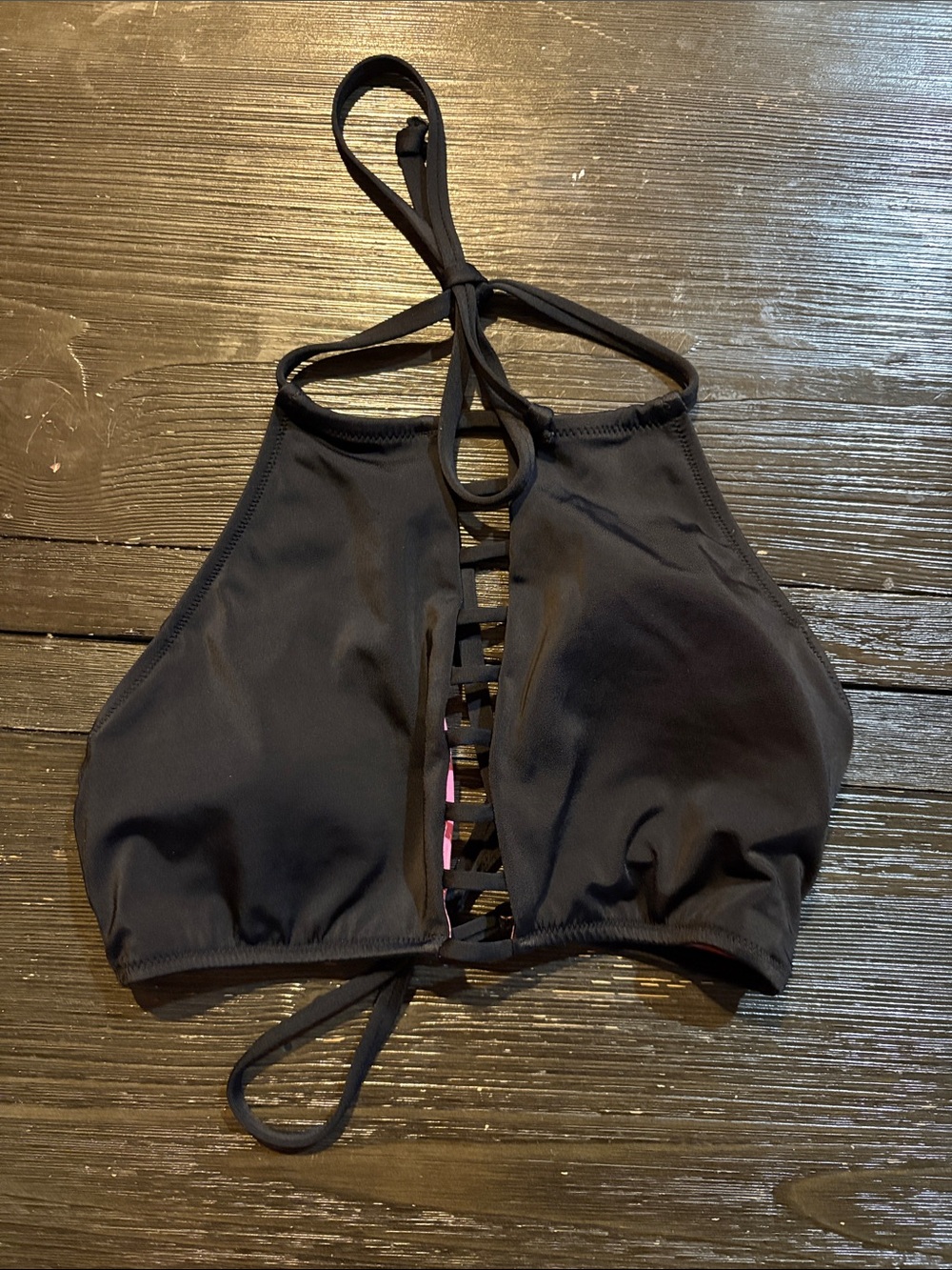 PINK Victoria's Secret Black High-Neck Lace-Up Bikini Top